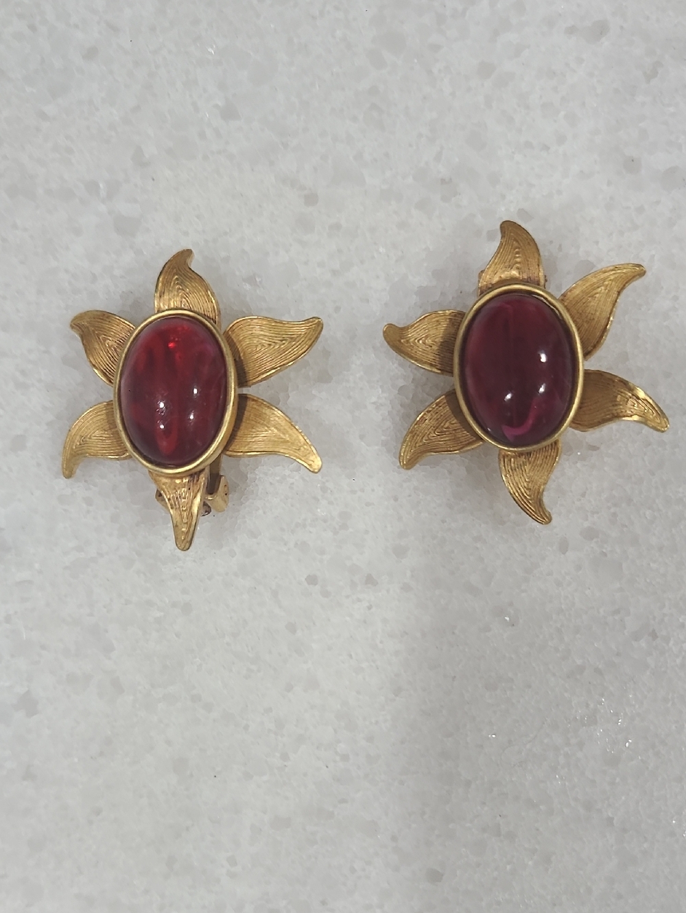 Gold Floral Clip-On Earrings with Red Cabochons